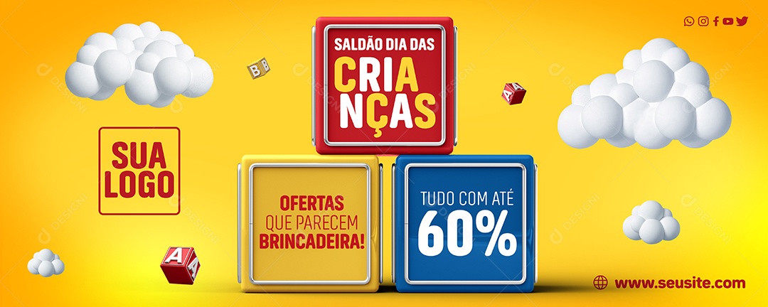 Banner Saldão Dia das Crianças Ofertas tudo com até 60% Lojas Social Media PSD Editável