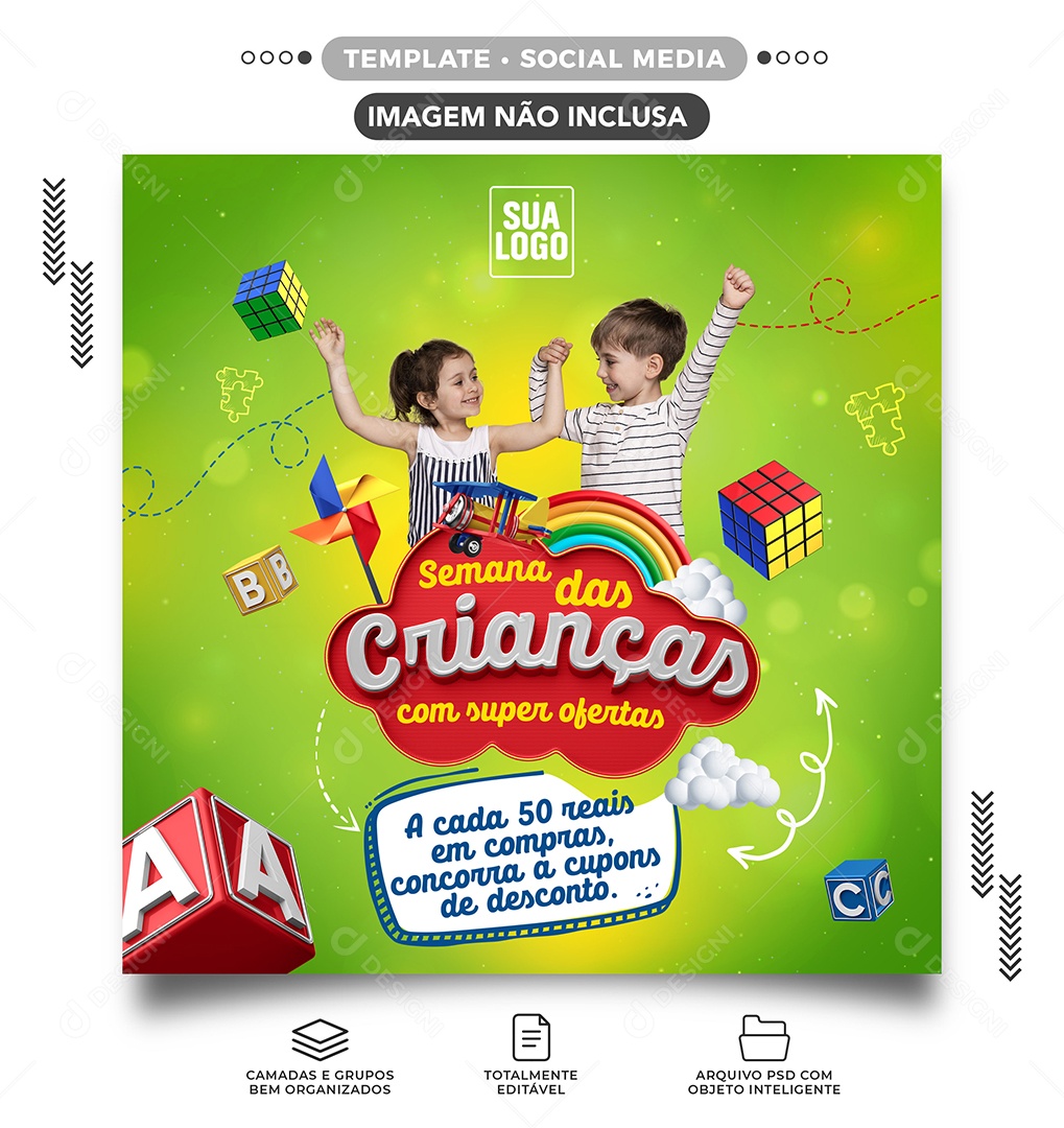 Semana das Crianças com Super Ofertas Cupons Lojas Social Media PSD Editável