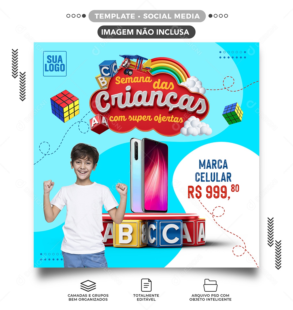 Semana das Crianças com Super Ofertas Celular Lojas Social Media PSD Editável