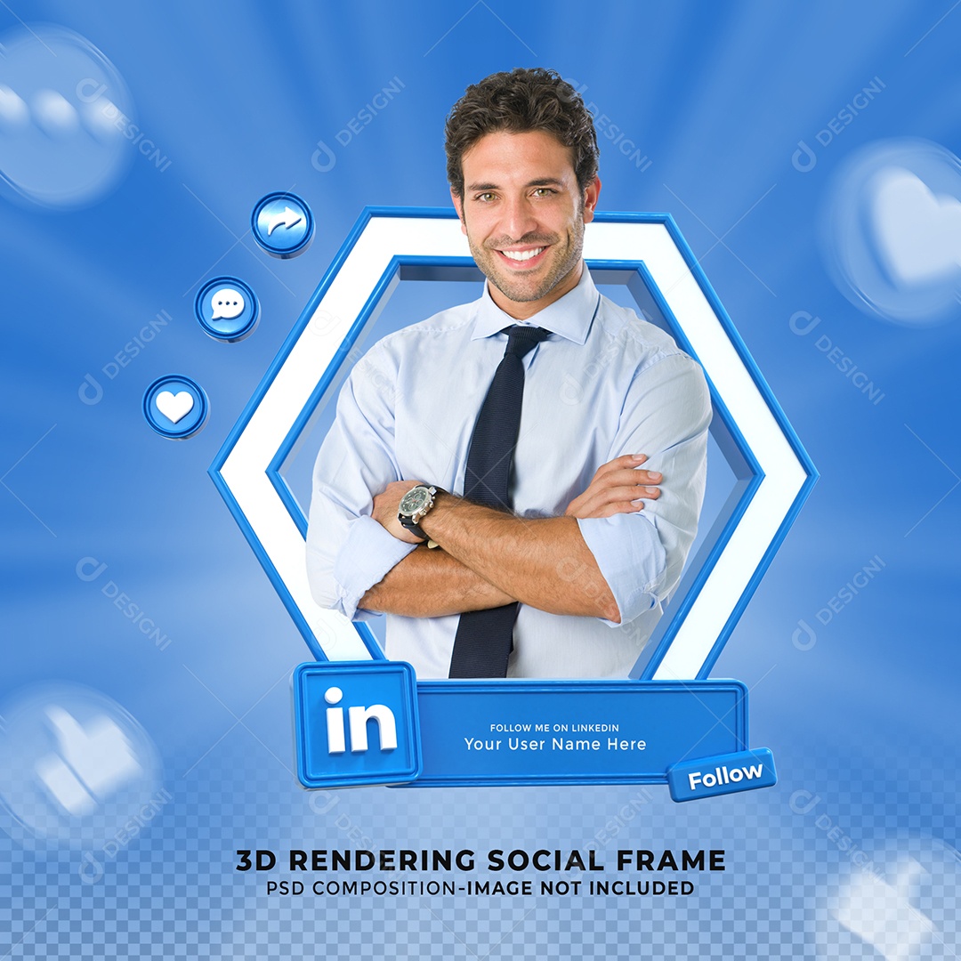 Siga-me na Redes Social Linkedin Ícone 3D Com Moldura PSD