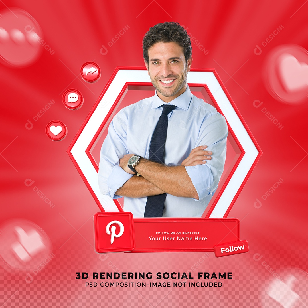 Siga-me na Redes Social Pinterest Ícone 3D Com Moldura PSD