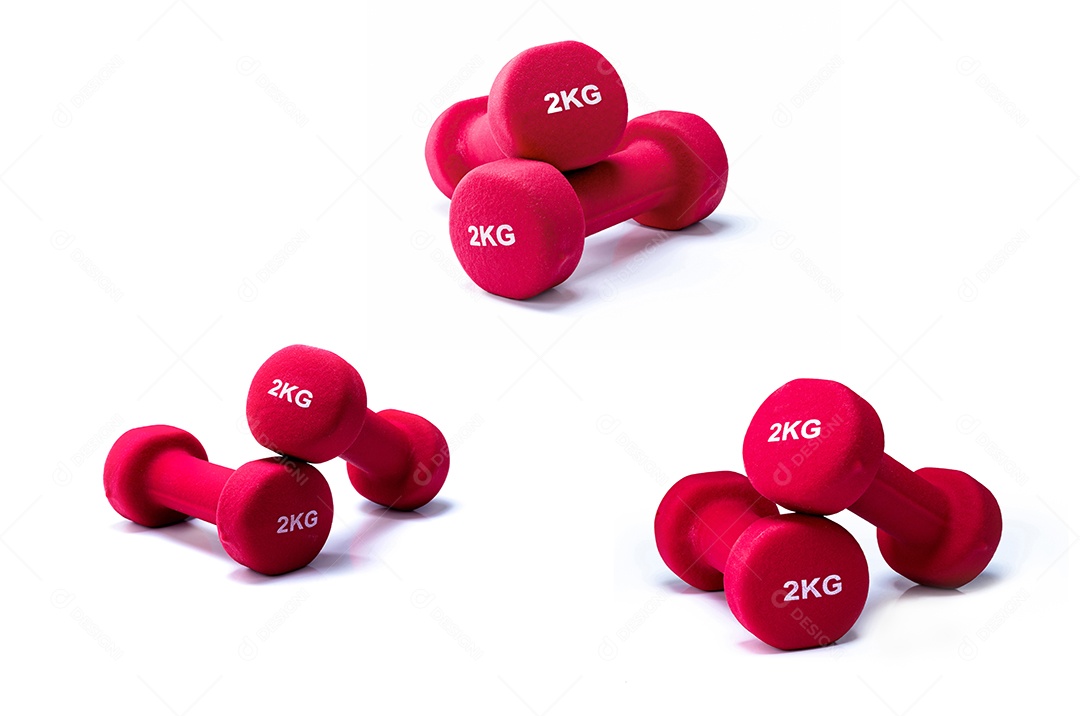 Conjunto de halteres vermelhos isolados no fundo branco.