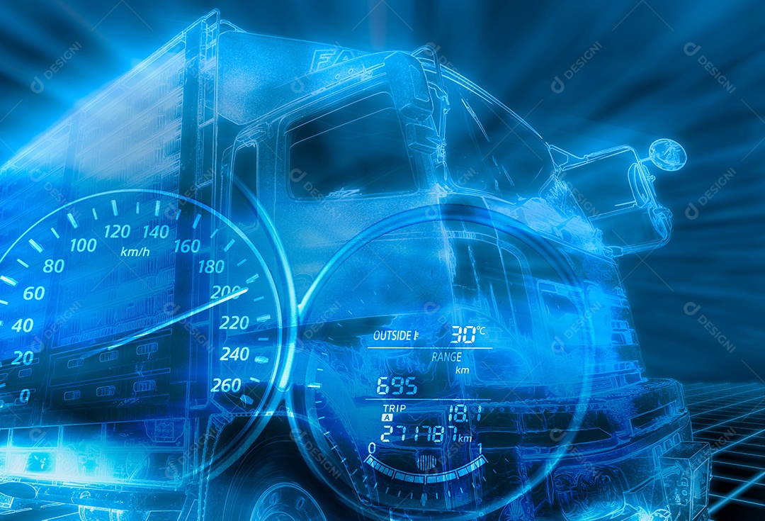 Caminhão elétrico e conceito de veículo autônomo sem motorista.