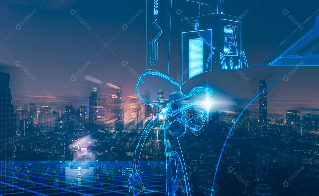 Estação de carregamento de carros elétricos e carros EV com fundo de paisagem urbana