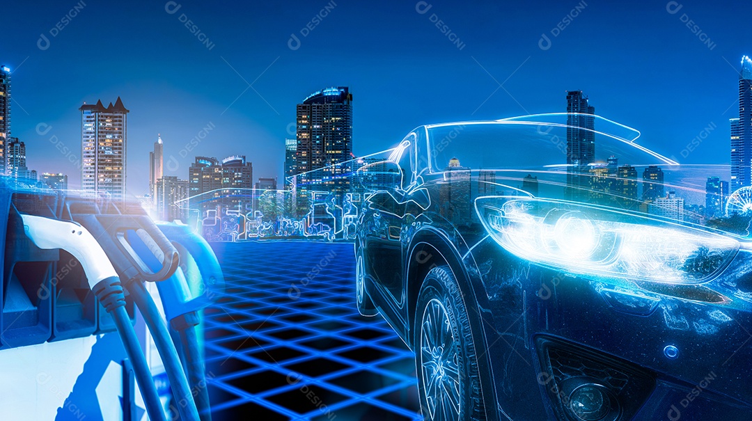 Carro elétrico e estação de carregamento de carros EV no posto de gasolina