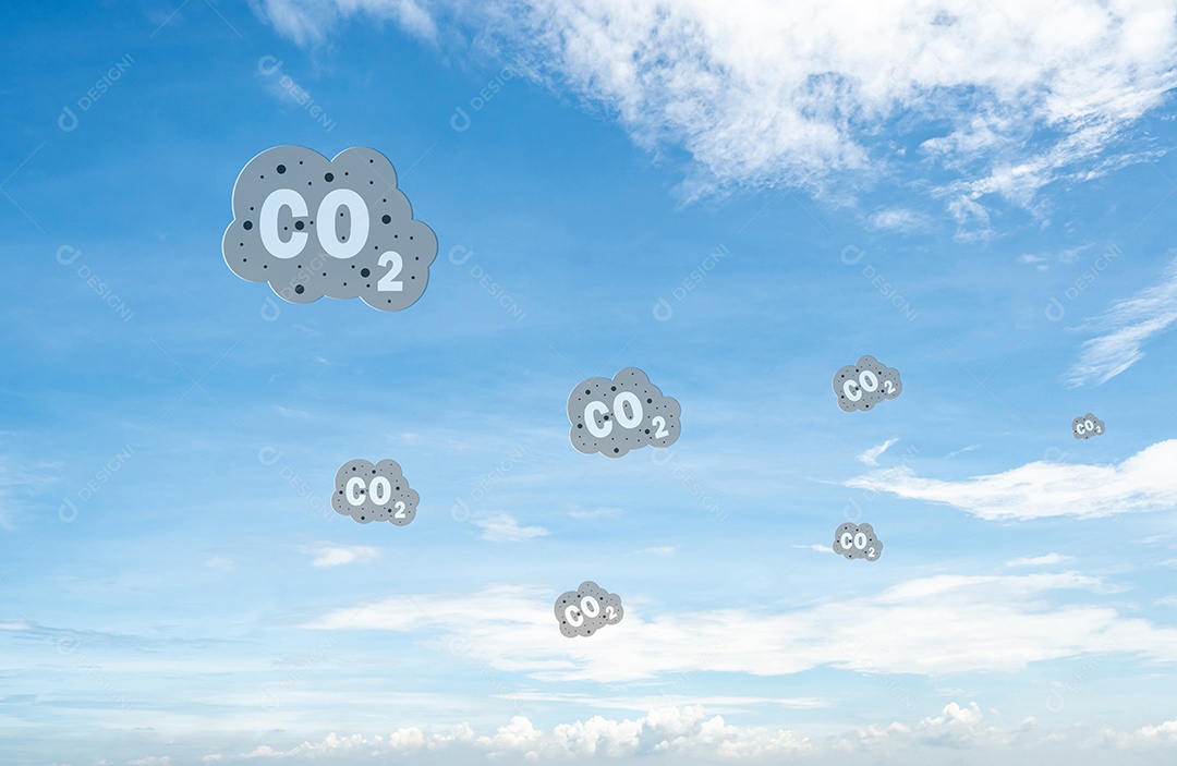Símbolo de CO2 no céu azul e nuvens brancas. Emissões de CO2.