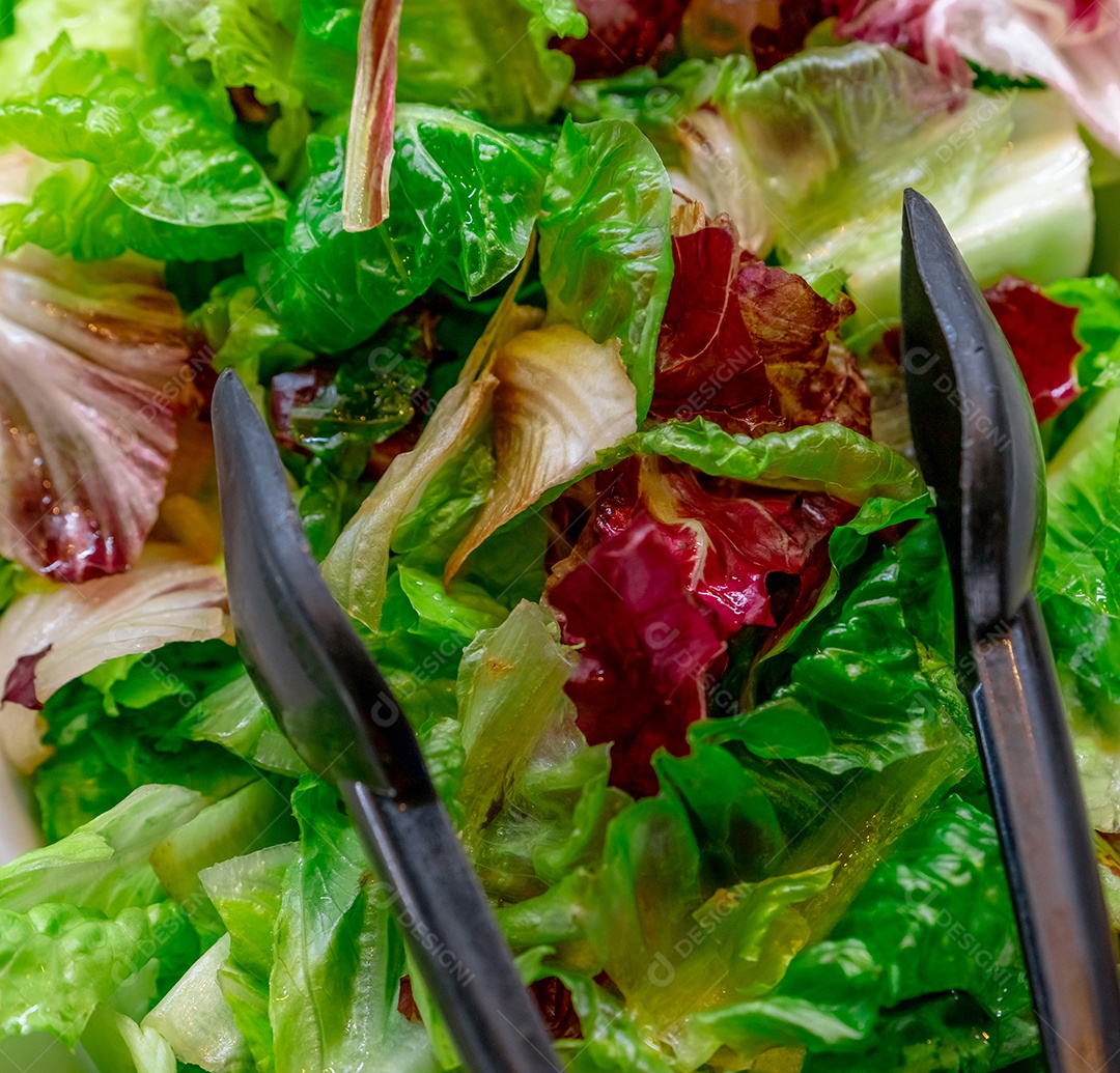 Alface verde e roxa closeup. Buffet de saladas no restaurante