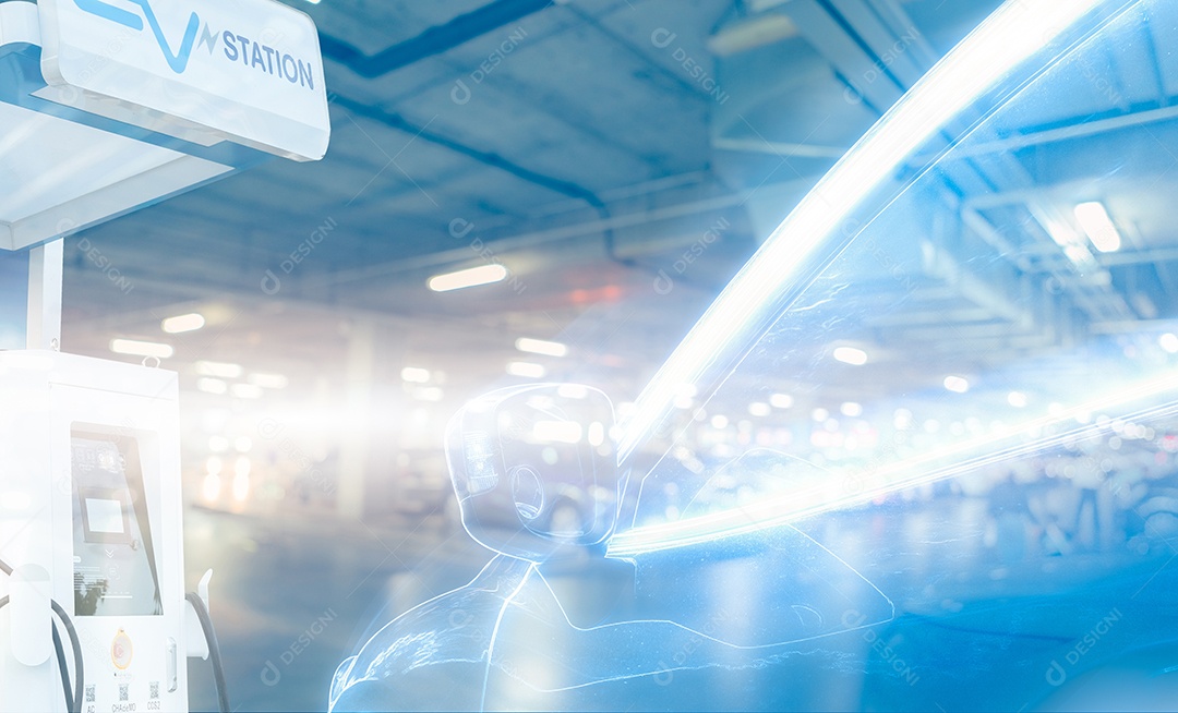 Desfoque o carro EV e a estação de carregamento de carros elétricos em um veículo futurista