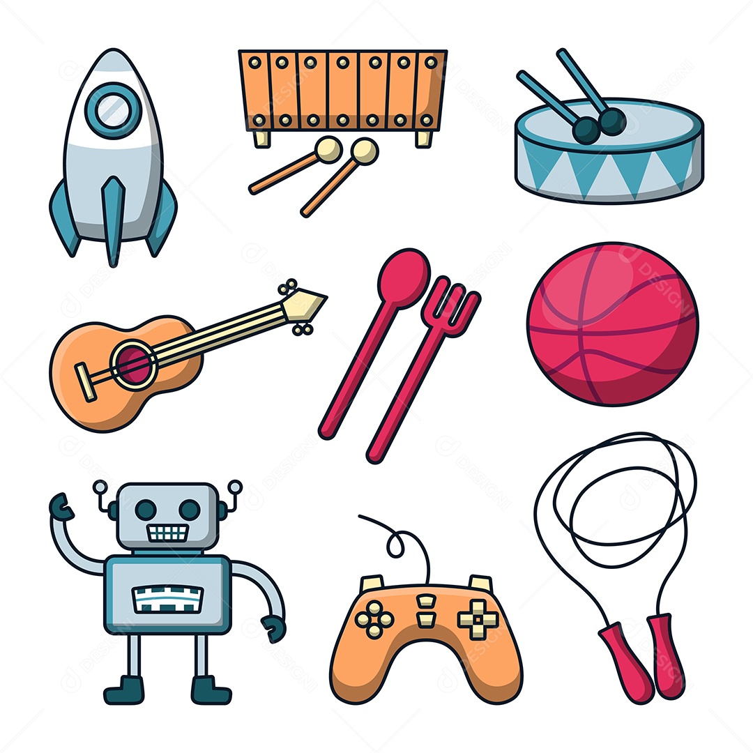 Conjunto de ícones de itens de bebê com brinquedos e acessórios para crianças