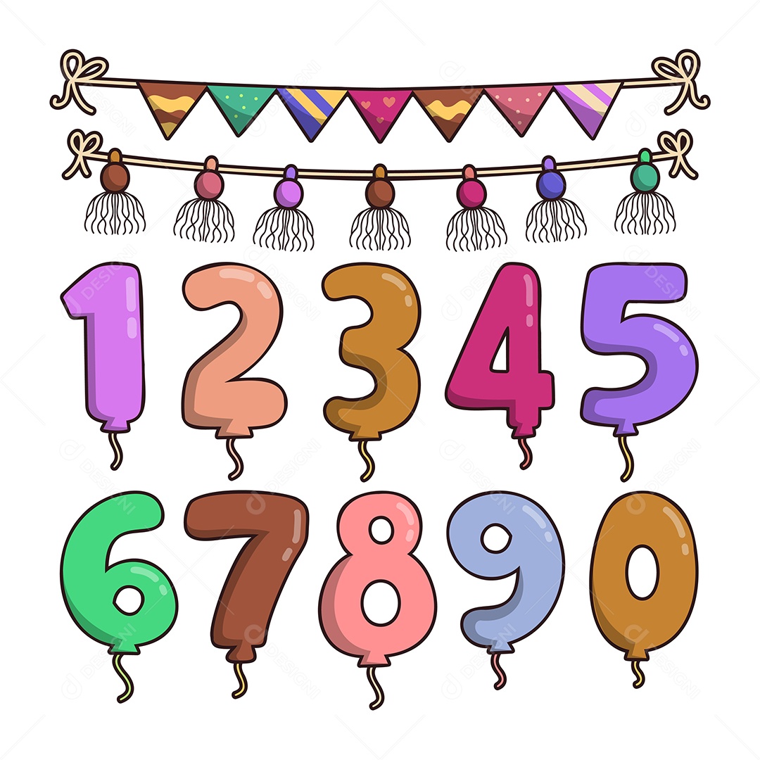 Conjunto de decorações de festa de aniversário com bandeiras e números de um a zero balão