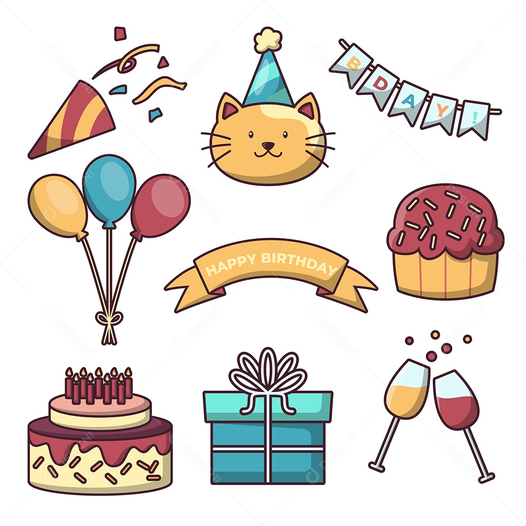 Conjunto de elementos de objeto para festa de aniversário com balão, bandeira, bolo, doces