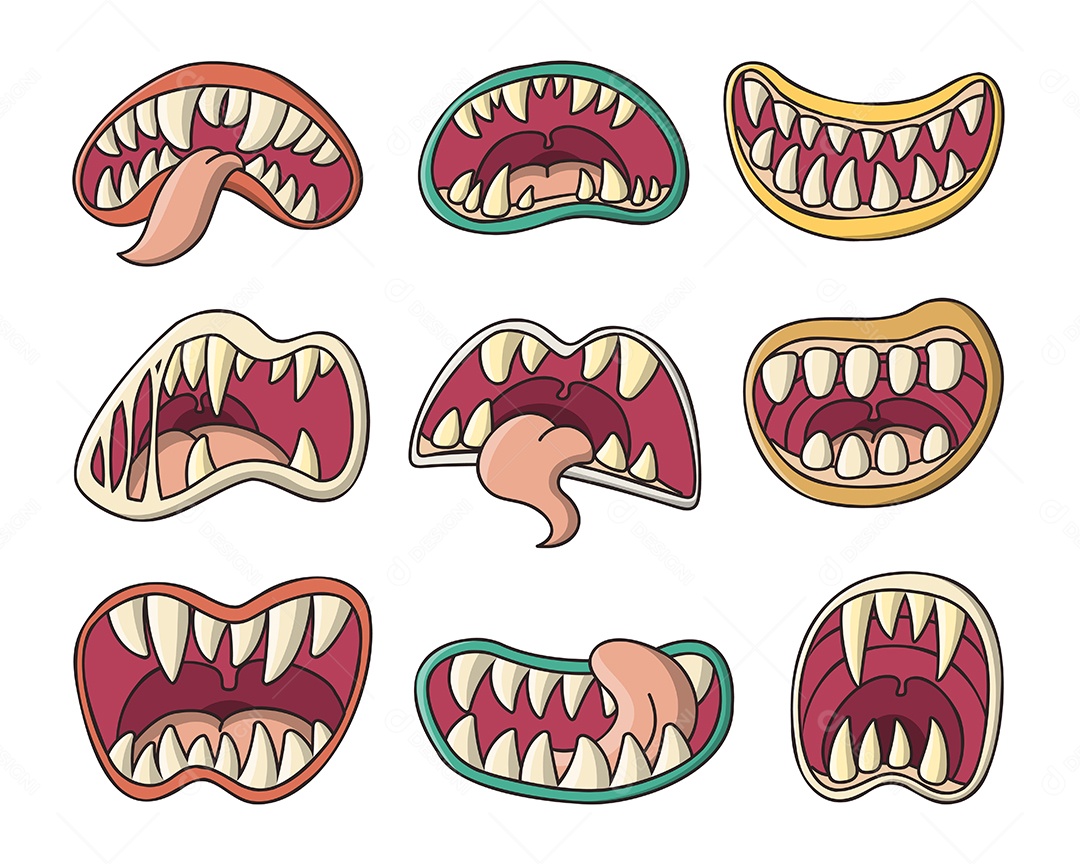 Conjunto de várias bocas de monstros, sorriso assustador com mandíbulas e lábios vermelhos