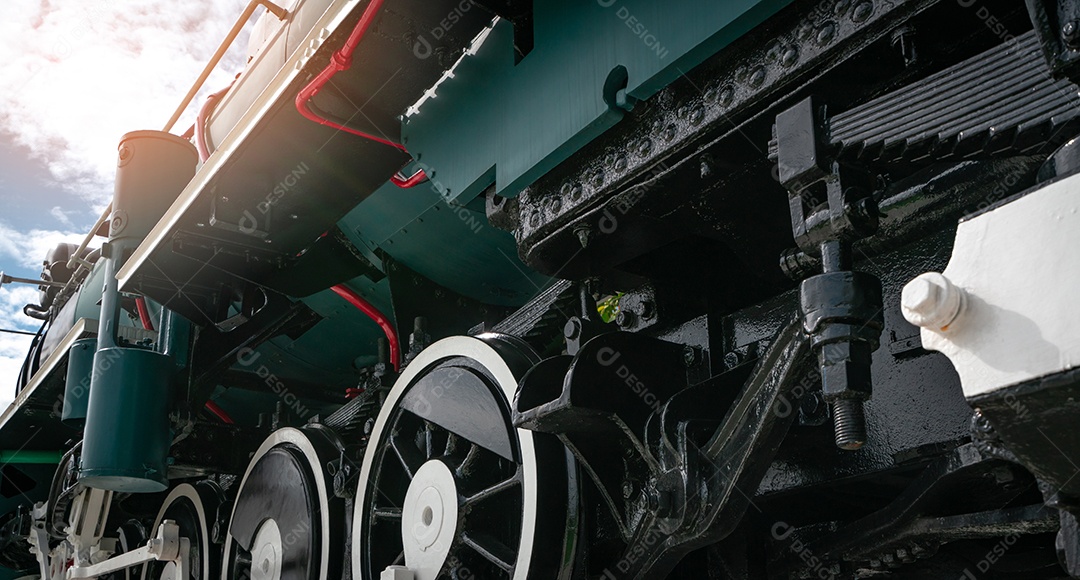 Closeup antigo trem vintage locomotiva. Locom motor a vapor antigo
