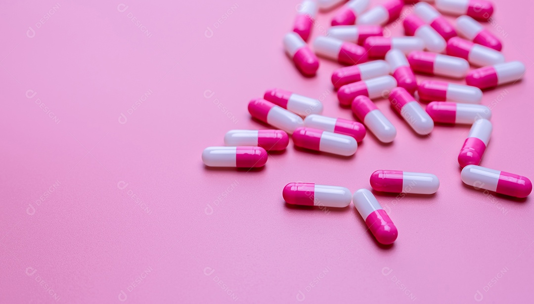 Comprimidos de cápsulas de antibióticos rosa e branco espalhados em fundo rosa