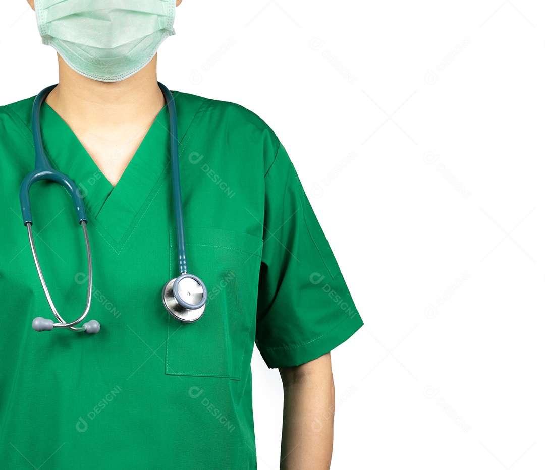 Médico cirurgião usa uniforme de camisa verde e rosto verde