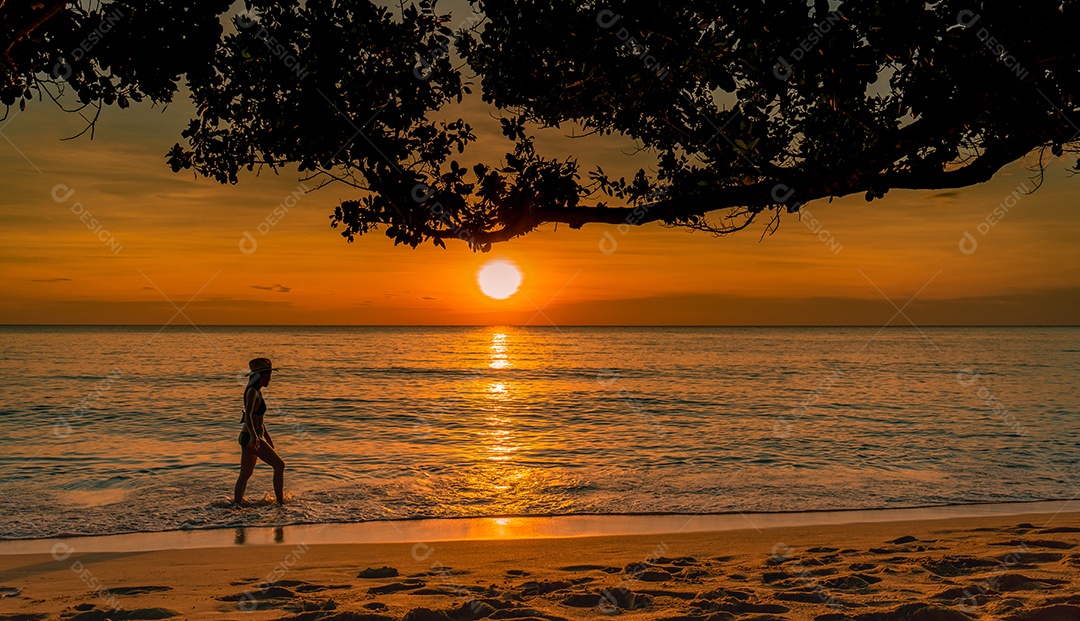 Mulher sexy de silhueta caminhando no mar tropical com sol lindo