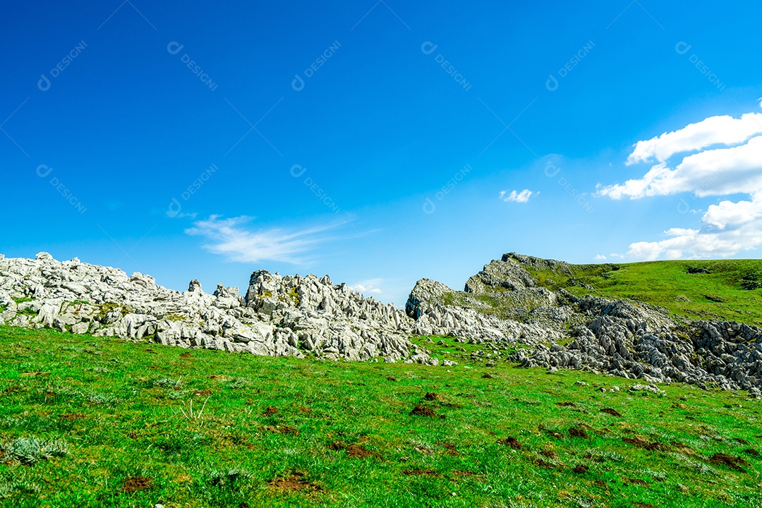 Paisagem de grama verde e montanha rochosa na primavera