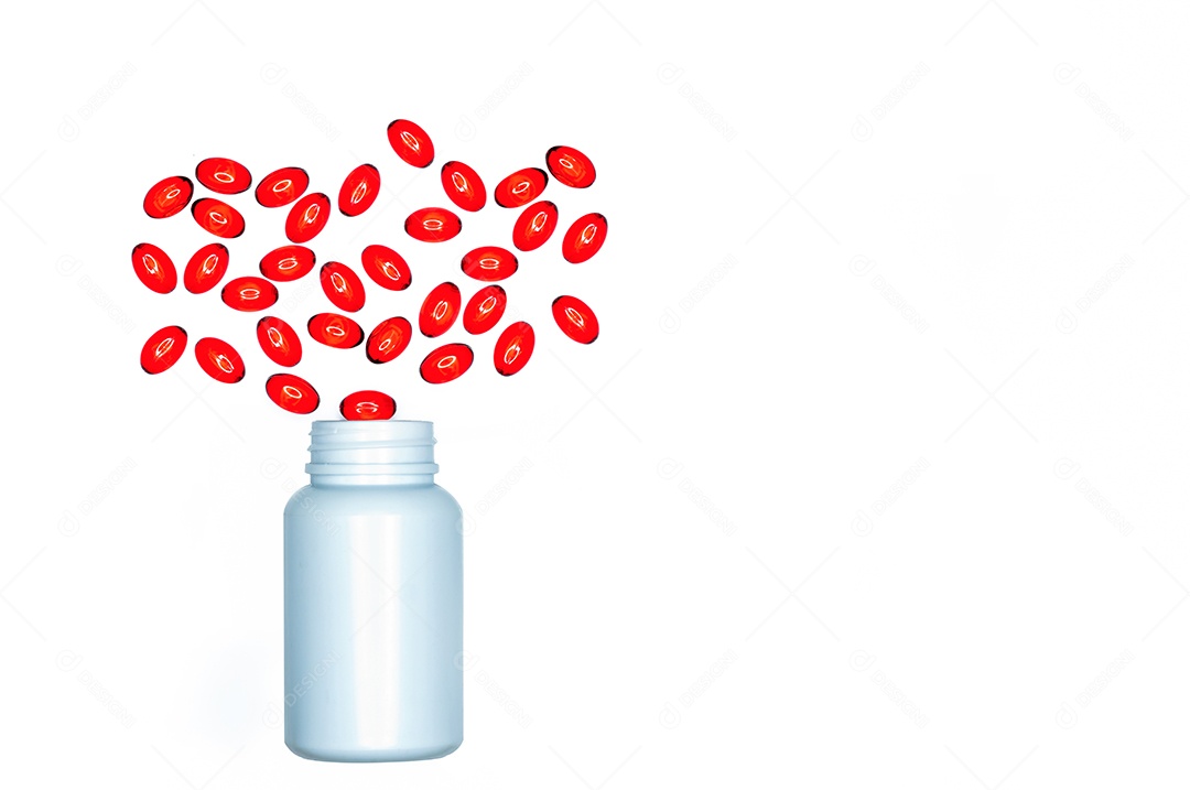 Comprimidos de cápsula de gel macio vermelho isolados no fundo branco.