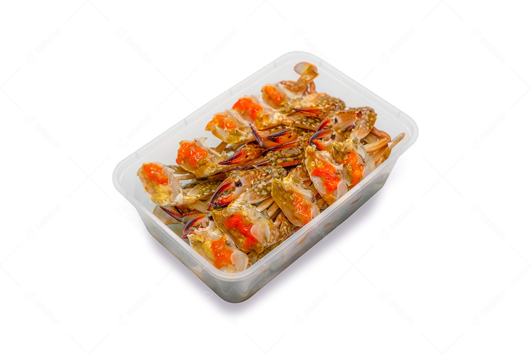 Ovos de caranguejo em conserva em pacote de molho de peixe em caixa de plástico para entrega