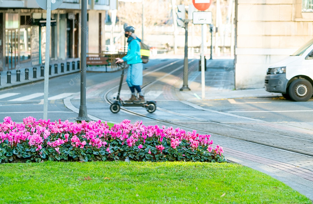 Foco seletivo decoração de flores cor de rosa no jardim no trânsito