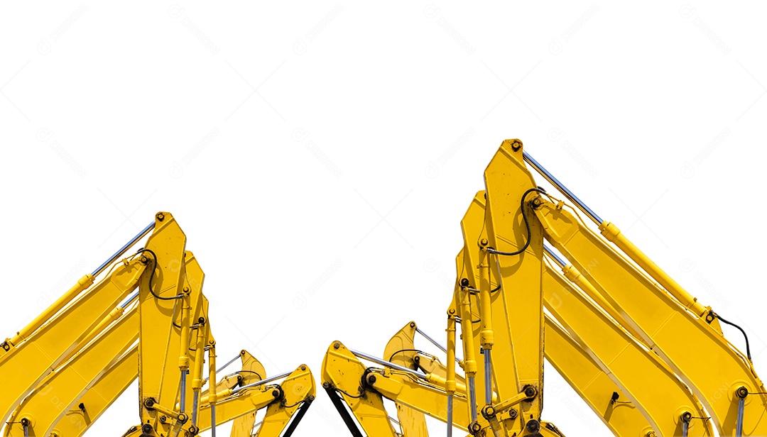 Retroescavadeira amarela com braço de pistão hidráulico isolado em branco.