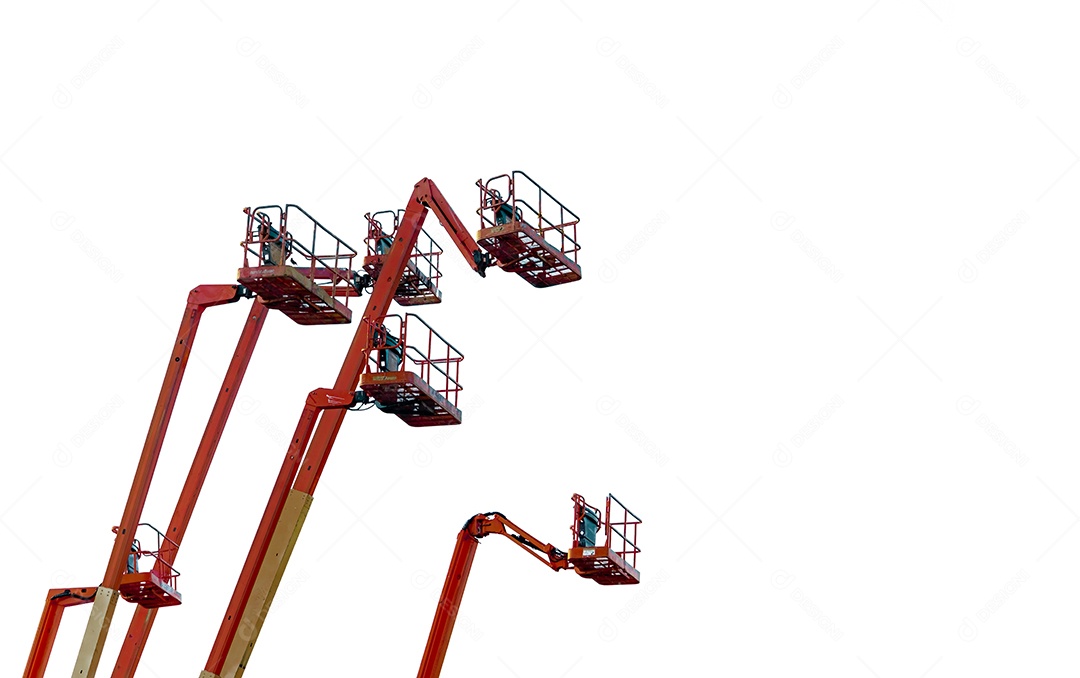 Elevador de lança articulada laranja. Plataforma elevatória aérea.