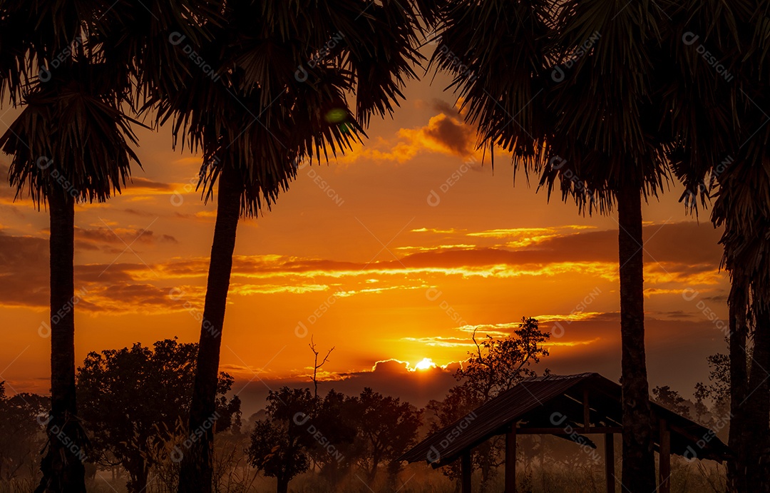 Belo nascer do sol laranja atrás das nuvens. Silhueta velha cabana