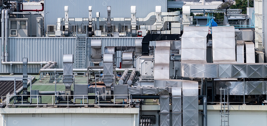 Sistema de fluxo de ar da fábrica. Ventilação industrial. Sistema de fluxo de ar