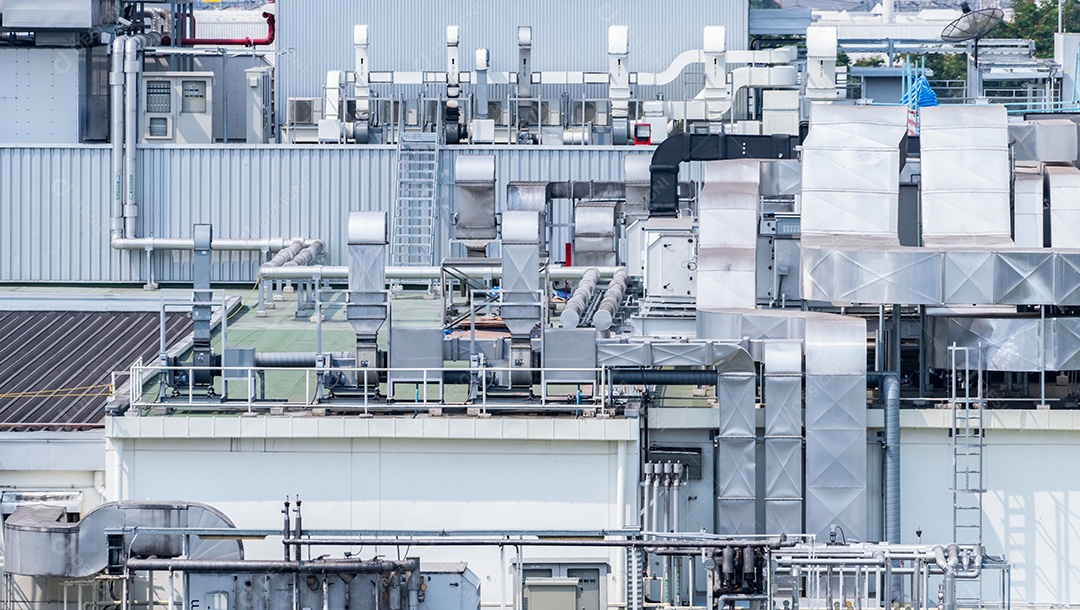 Sistema de fluxo de ar da fábrica. Ventilação industrial. Sistema de fluxo de ar