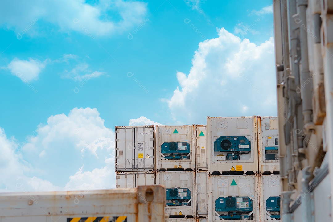 Logística de contêineres. Reefer para o transporte de alimentos congelados.