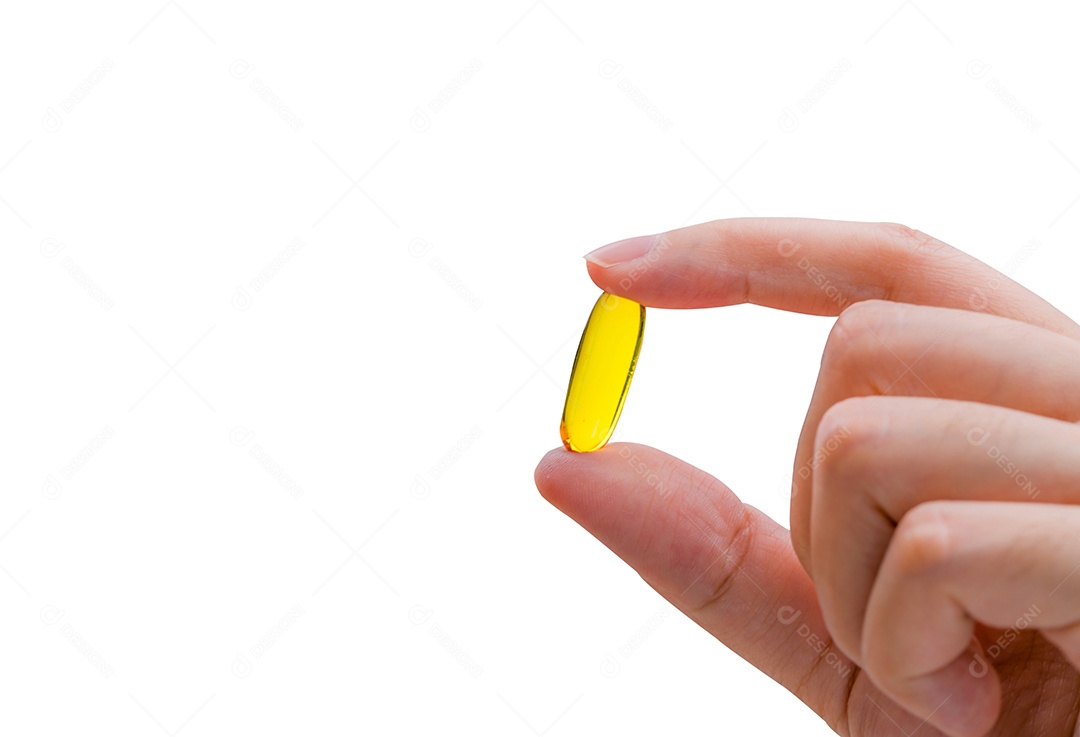 Cápsula de óleo de peixe de preensão de mão jovem. Mulher tomando pílula de ômega-3