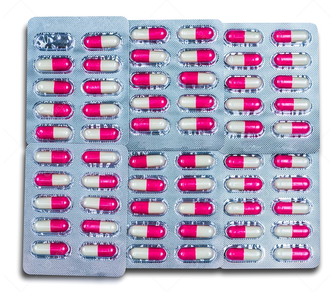 Vista superior de pílulas coloridas de cápsulas de antibióticos em embalagens de bolhas