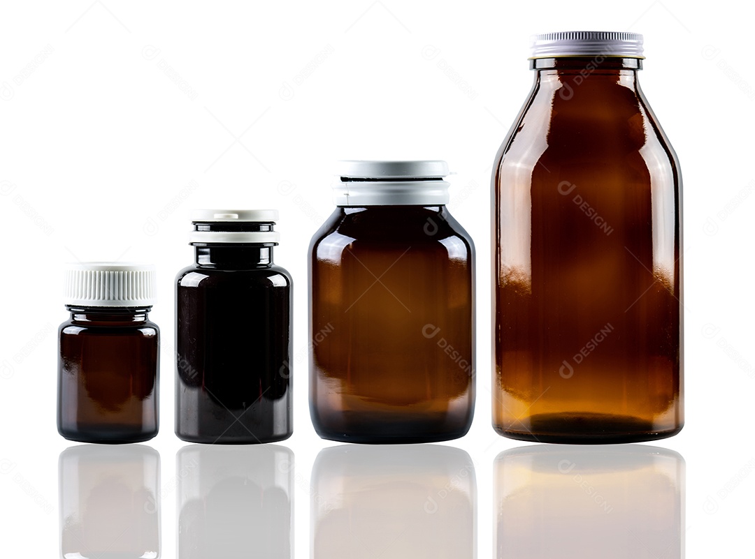 Recipiente de frasco de droga de vidro âmbar com tampa fechada isolada