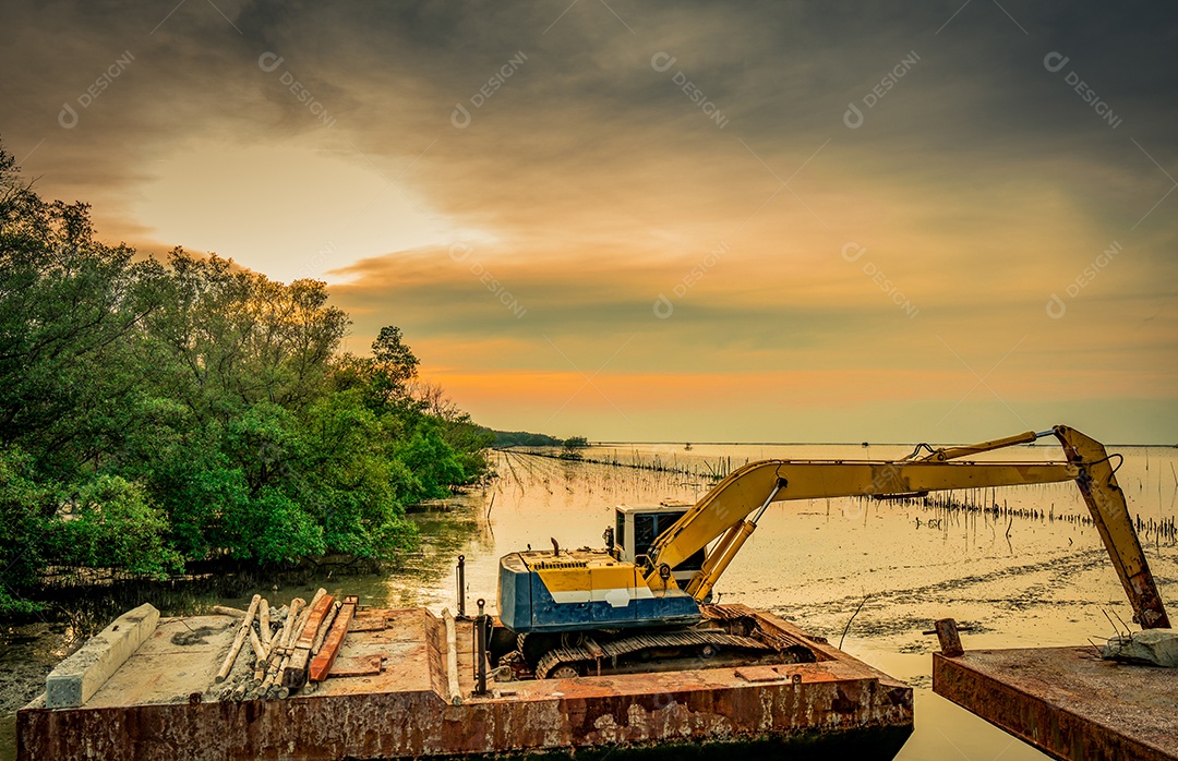 A retroescavadeira está cavando ao longo da costa do mar perto do mangue