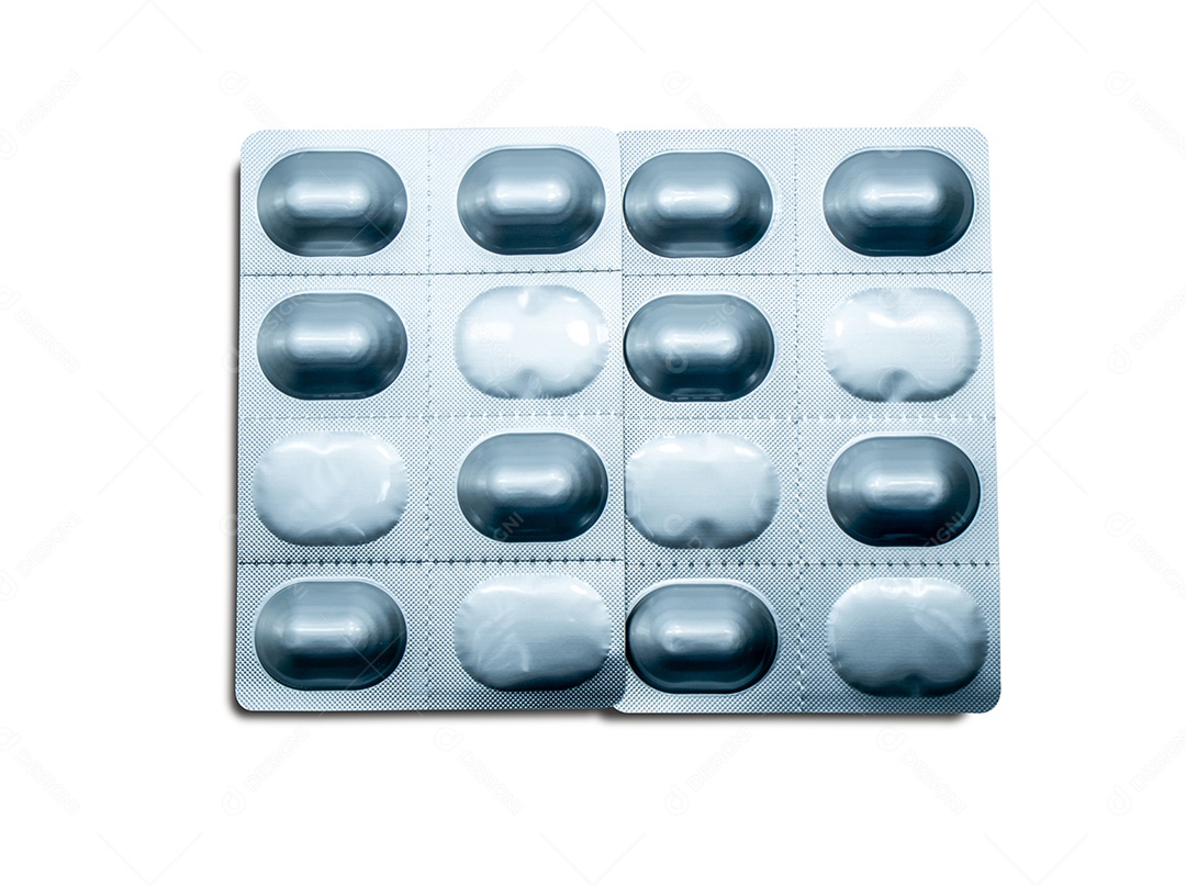 Blister de folha de alumínio prata isolado no fundo branco.