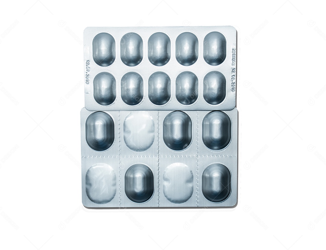 Blister de folha de alumínio prata isolado no fundo branco.