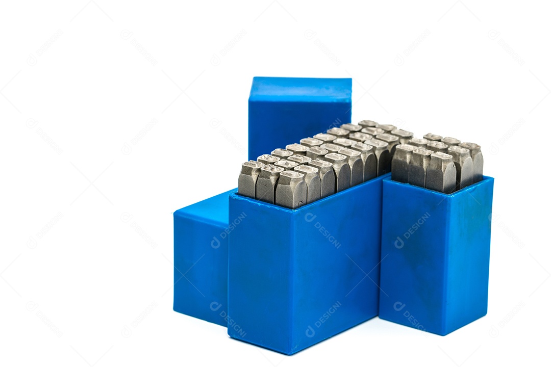 Conjunto de alfabeto de carimbo de metal e soco de número em caixa de plástico azul
