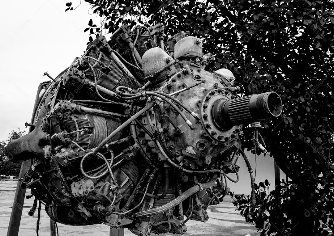 Motor radial de 9 cilindros de avião antigo isolado em fundo branco