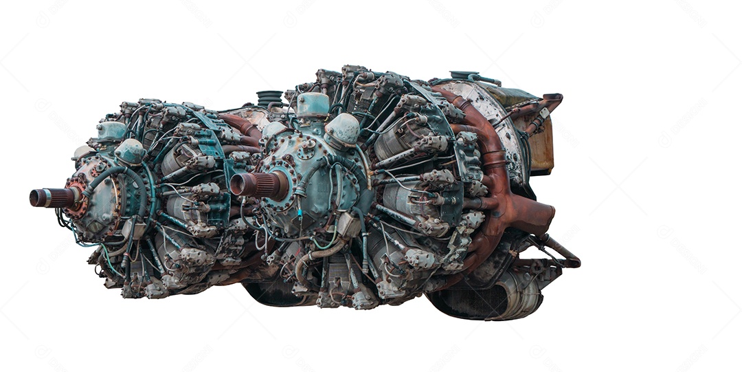 Motor radial de 9 cilindros de avião antigo isolado em fundo branco