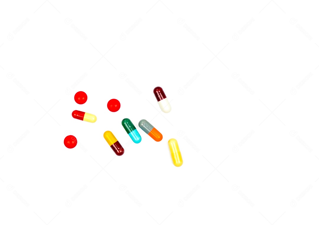 Colorido de comprimidos de cápsulas de antibióticos isolados no fundo branco
