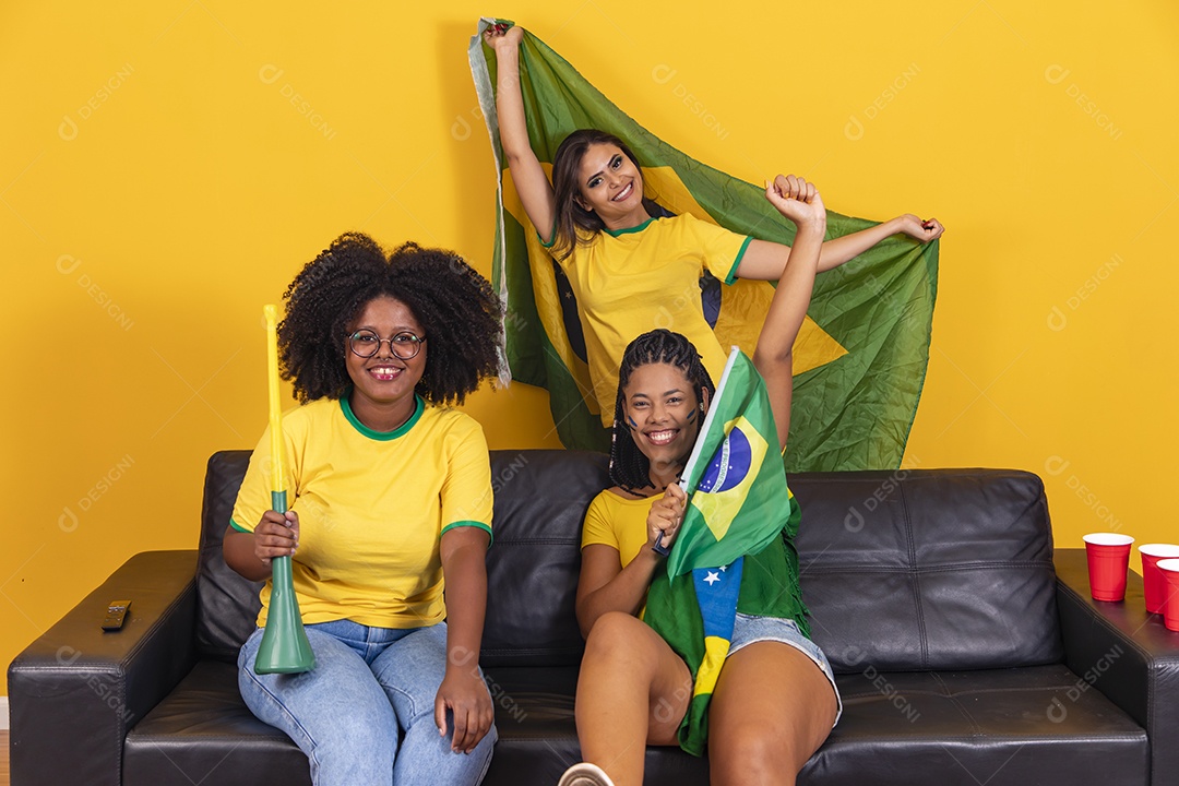 Grupo de amigos torcedores da seleção brasileira jogo do brasil copa do mundo