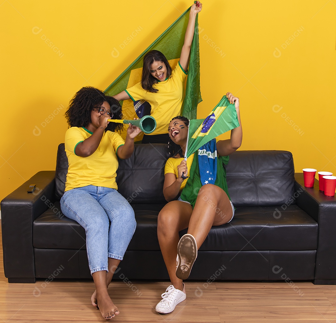 Grupo de amigos torcedores da seleção brasileira jogo do brasil copa do mundo