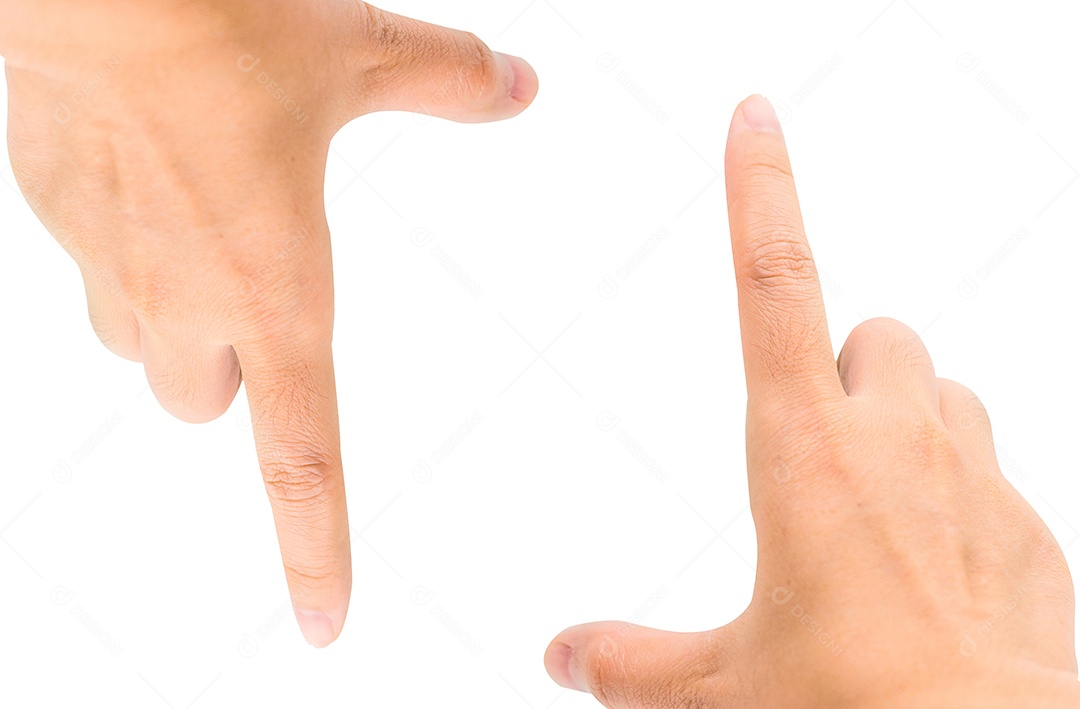 Mão de homem isolada no fundo branco com traçado de recorte