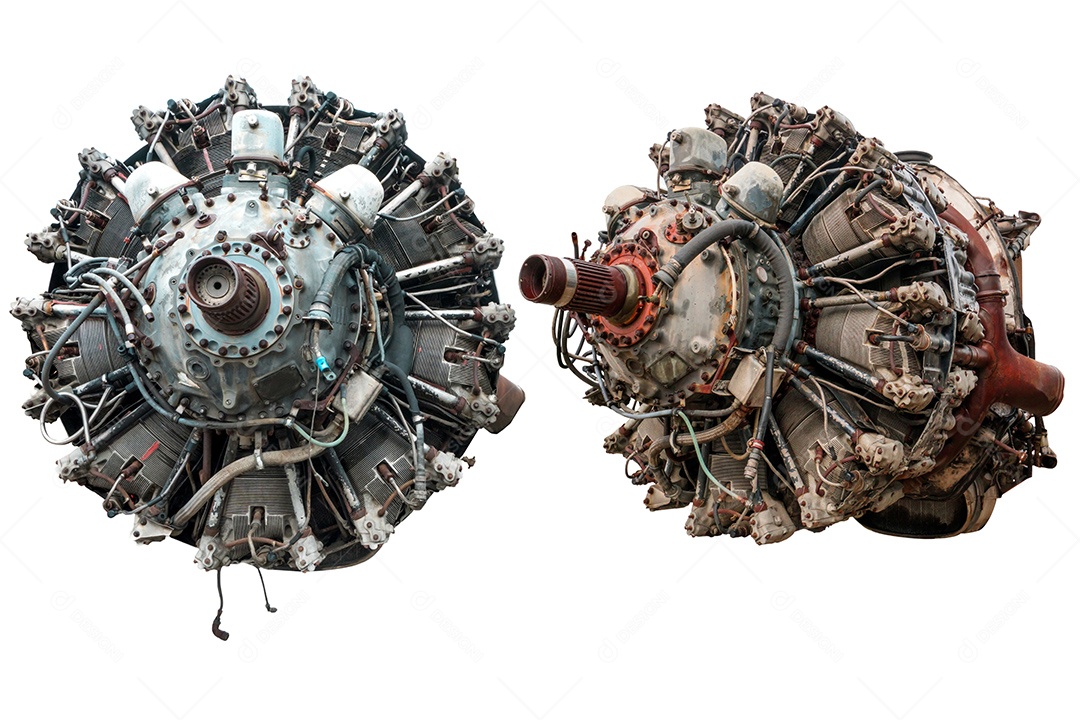 Motor radial de 9 cilindros de avião antigo isolado em fundo branco