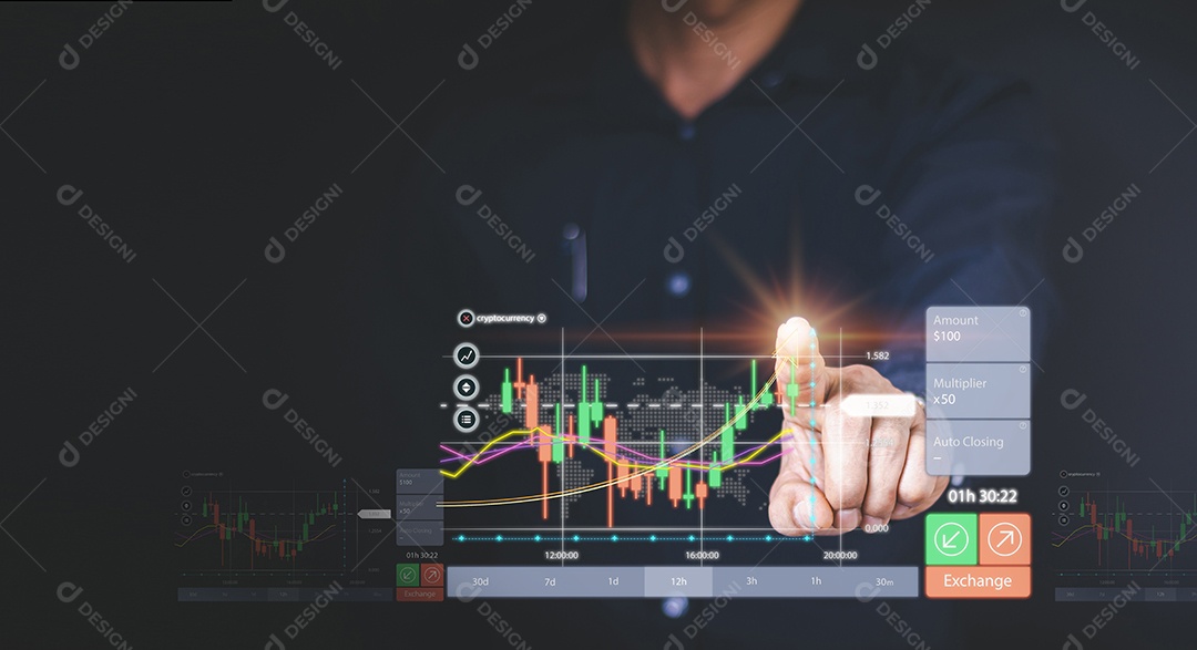 Empresário ou comerciante está apontando um crescente holograma virtual