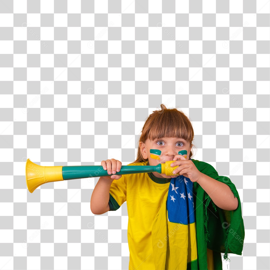 Menina loira de olhos claros vestida com camiseta do Brasil, Mine torcedora brasileira