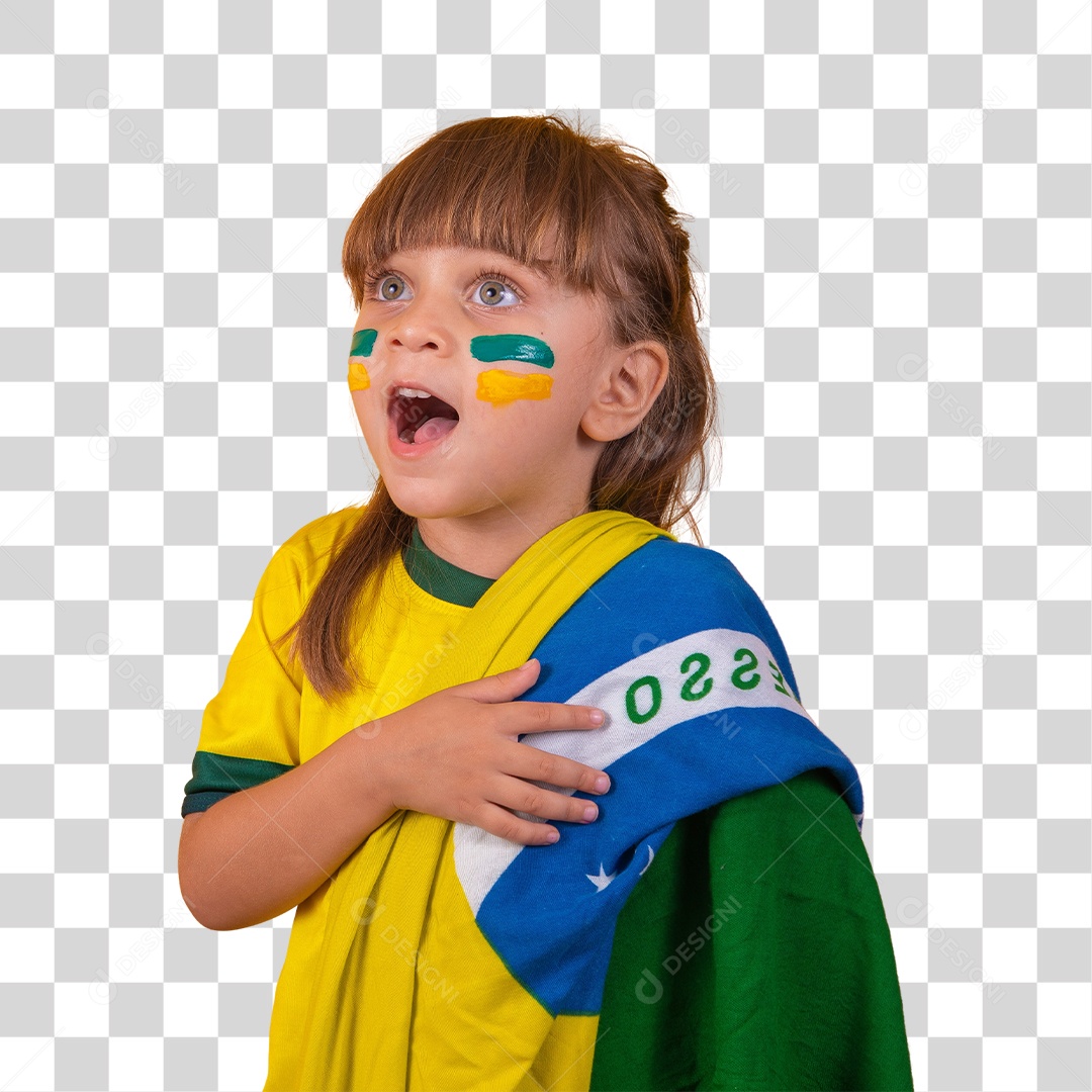 Menina loira de olhos claros vestida com camiseta do Brasil, Mine torcedora brasileira