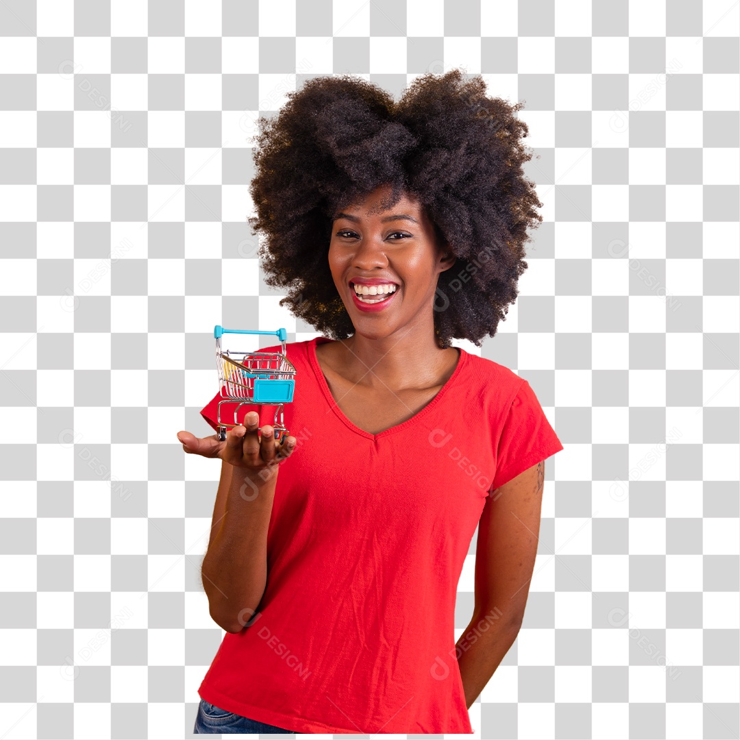 Mulher negra sorridente usando uma camiseta vermelha e segurando uma carrinho de compras