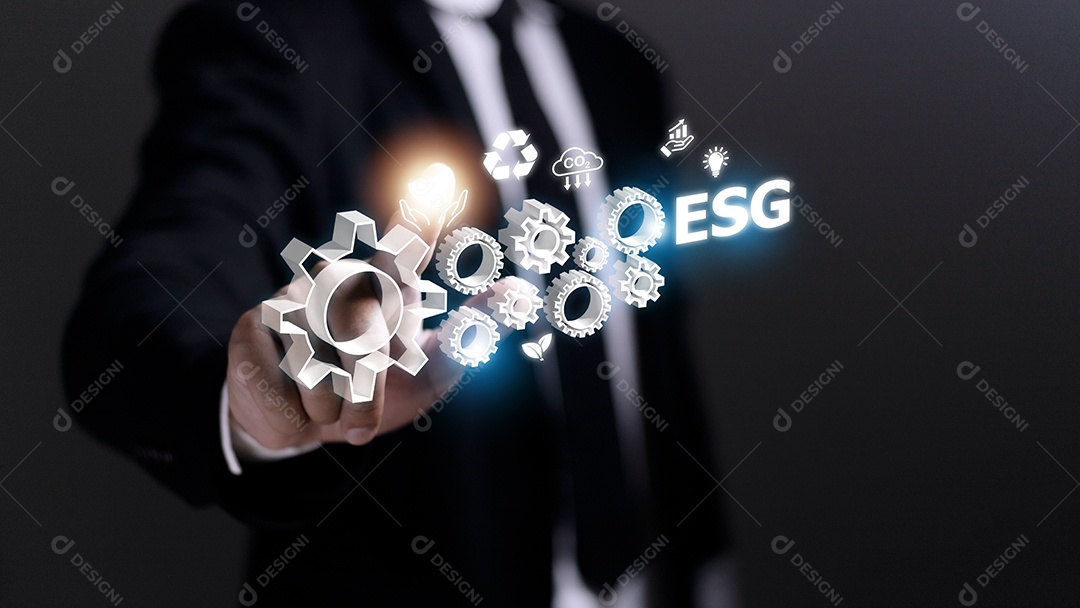 Mão de negócios clica no ícone ESG na mão para ambiental