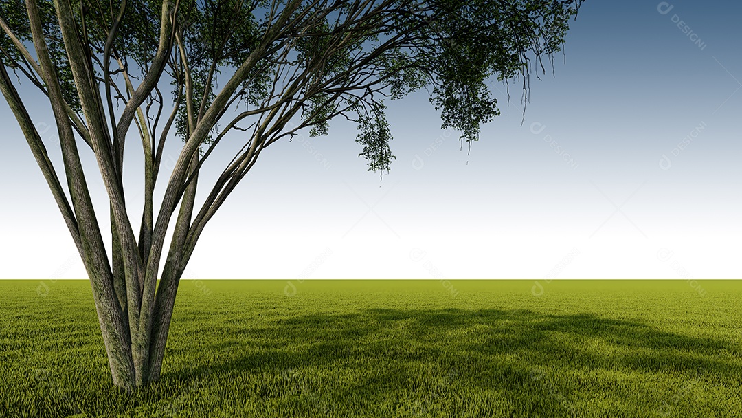 Uma imagem de renderização 3d de uma grande árvore colocada campo de grama.